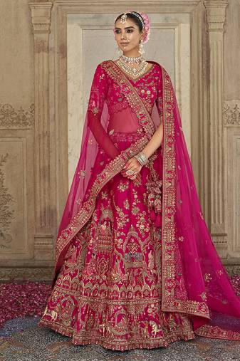 Rani Pink  Embroidered Silk Blend Bridal Lehenga set choli dupatta