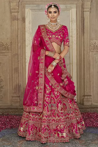 Rani Pink  Embroidered silk blend Bridal Lehenga choli