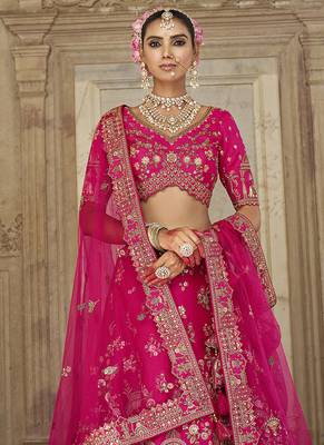 Rani Pink  Embroidered silk blend Bridal Lehenga choli 3