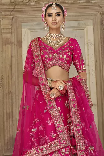 Rani Pink  Embroidered silk blend Bridal Lehenga choli