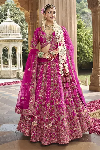 Magenta Pink  Embroidered Silk Blend Bridal Lehenga set choli dupatta