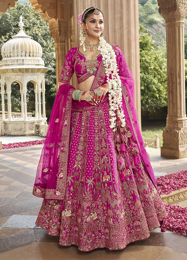 Magenta Pink  Embroidered Silk Blend Bridal Lehenga set choli dupatta