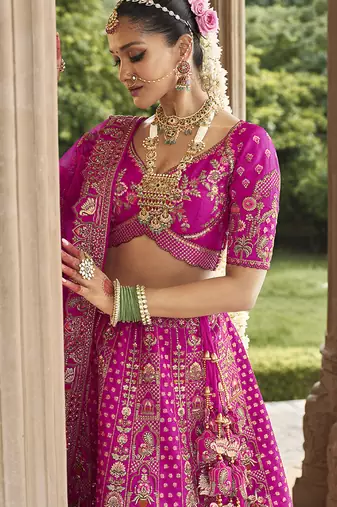 Magenta Pink  Embroidered silk blend Bridal Lehenga choli
