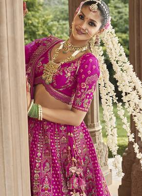 Magenta Pink  Embroidered silk blend Bridal Lehenga choli 4