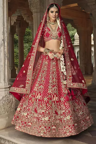 Red  Embroidered silk blend Bridal Lehenga choli