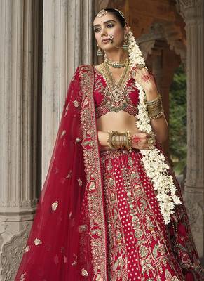 Red  Embroidered silk blend Bridal Lehenga choli 4