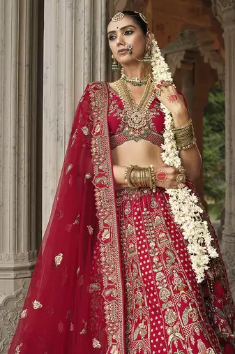 Red  Embroidered silk blend Bridal Lehenga choli
