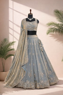 grey silk hand embroidery lehenga choli & dupatta 4