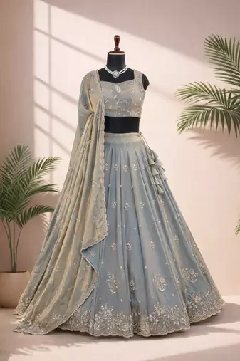 grey silk hand embroidery lehenga choli & dupatta