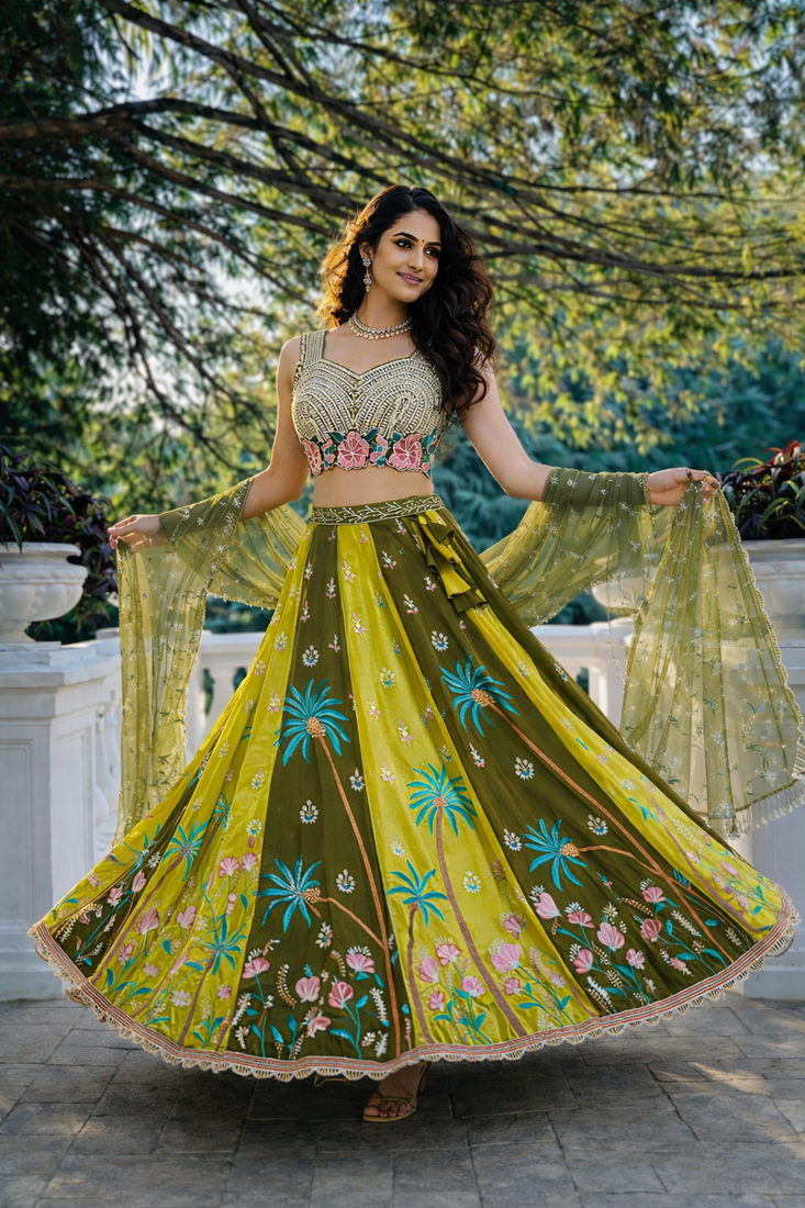 mehendi green georgette lehenga choli with dupatta