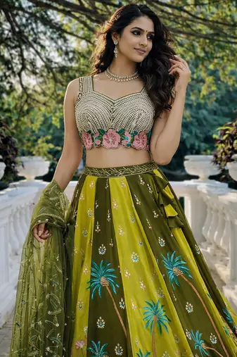 mehendi green georgette lehenga choli with dupatta