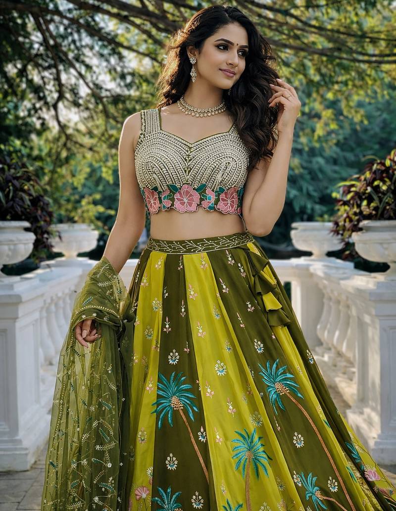 mehendi green georgette lehenga choli with dupatta