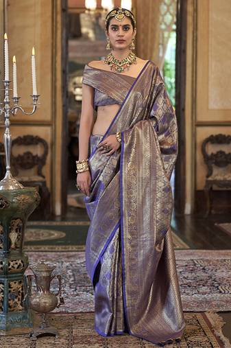 Kanjivaram silk blend classic saree with woven work for women in violet