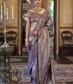 Kanjivaram silk blend classic saree with woven work for women in violet