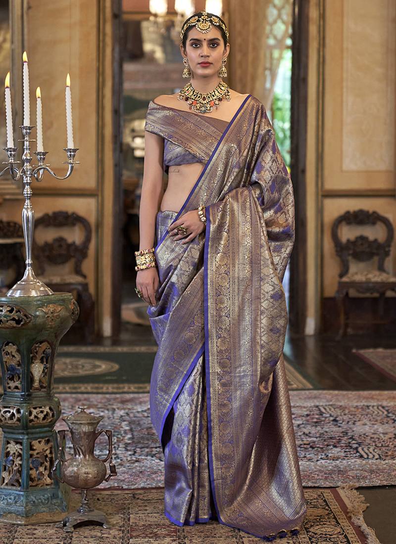 Kanjivaram silk blend classic saree with woven work for women in violet