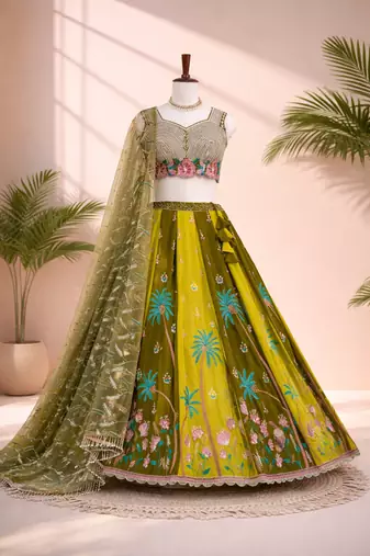 mehendi green georgette lehenga choli with dupatta