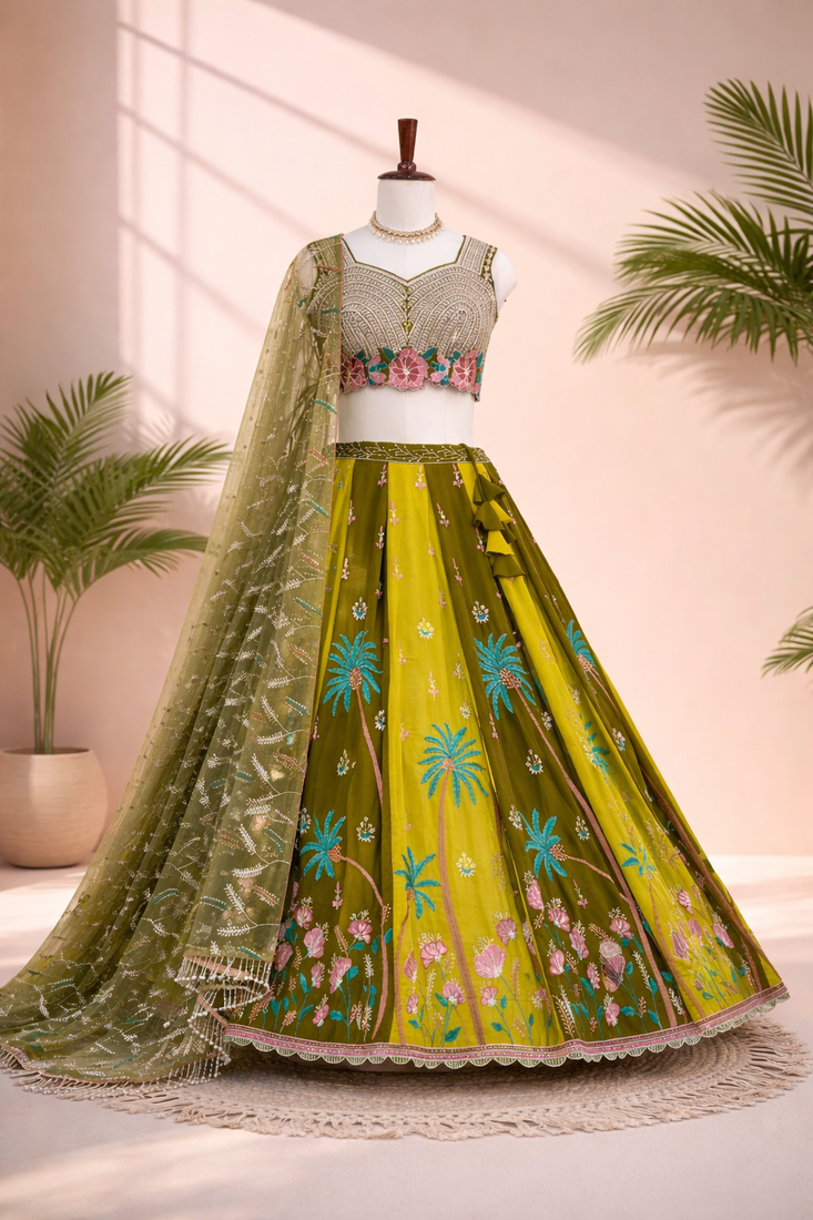 mehendi green georgette lehenga choli with dupatta