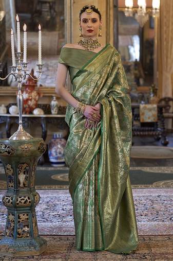 Kanjivaram silk blend classic saree with woven work for women in green