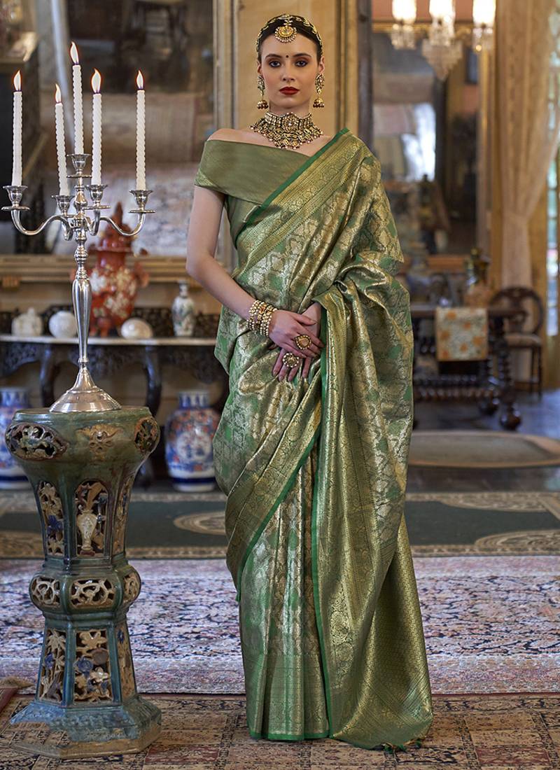 Kanjivaram silk blend classic saree with woven work for women in green