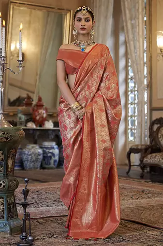 Kanjivaram silk blend classic saree with woven work for women in orange