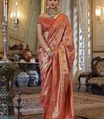 Kanjivaram silk blend classic saree with woven work for women in orange
