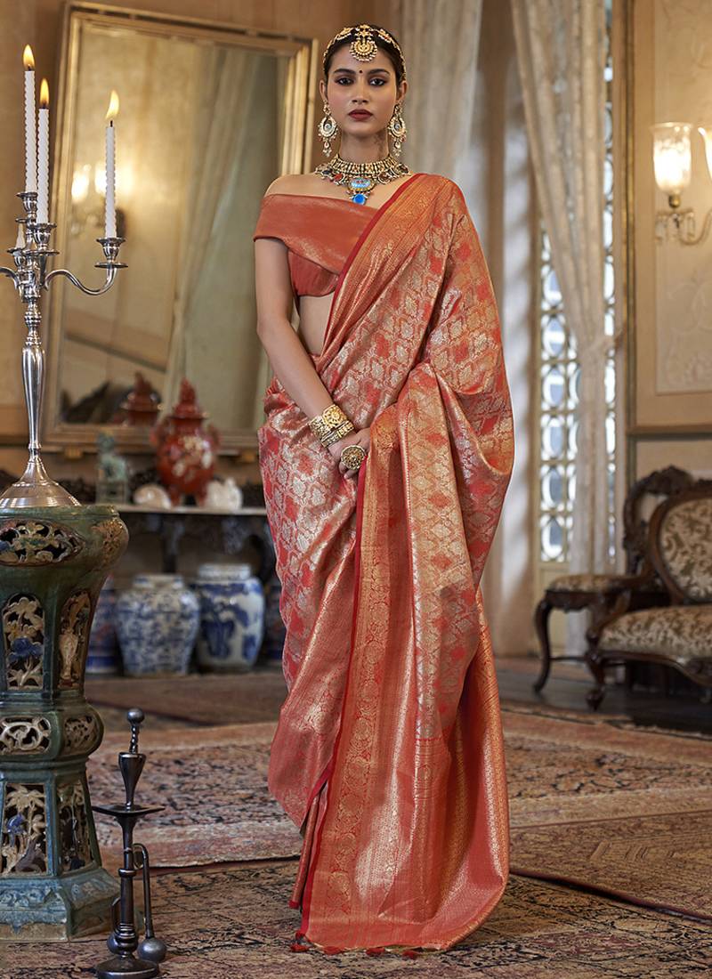 Kanjivaram silk blend classic saree with woven work for women in orange