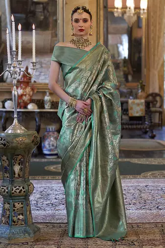 Kanjivaram silk blend classic saree with woven work for women in teal