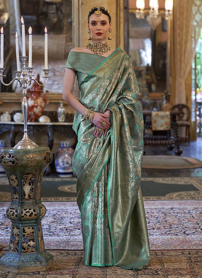 Kanjivaram silk blend classic saree with woven work for women in teal