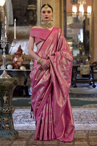 Kanjivaram silk blend classic saree with woven work for women in pink
