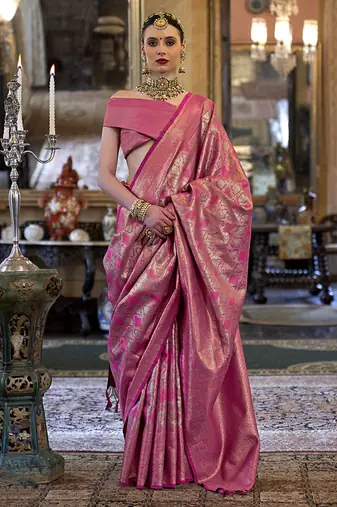 Kanjivaram silk blend classic saree with woven work for women in pink