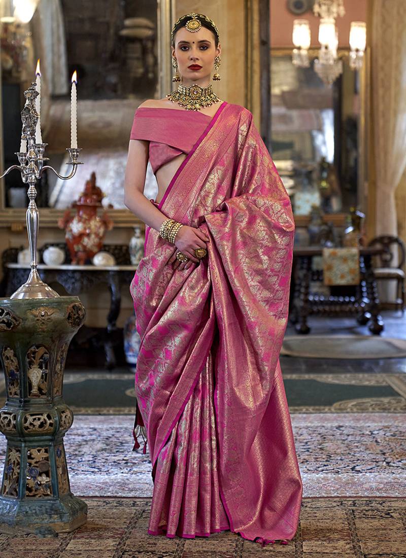 Kanjivaram silk blend classic saree with woven work for women in pink