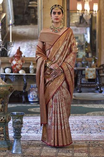 Kanjivaram silk blend classic saree with woven work for women in brown
