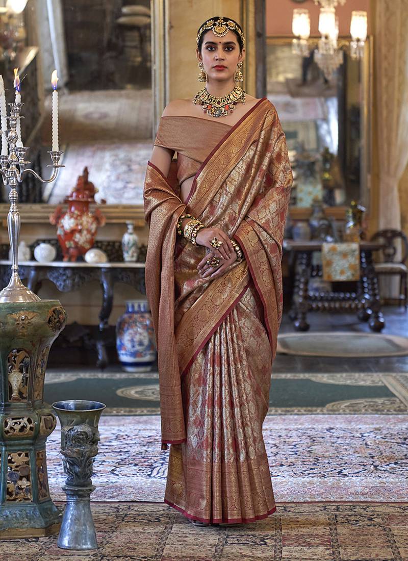 Kanjivaram silk blend classic saree with woven work for women in brown