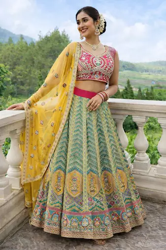 multi color crepe silk lehenga choli dupatta