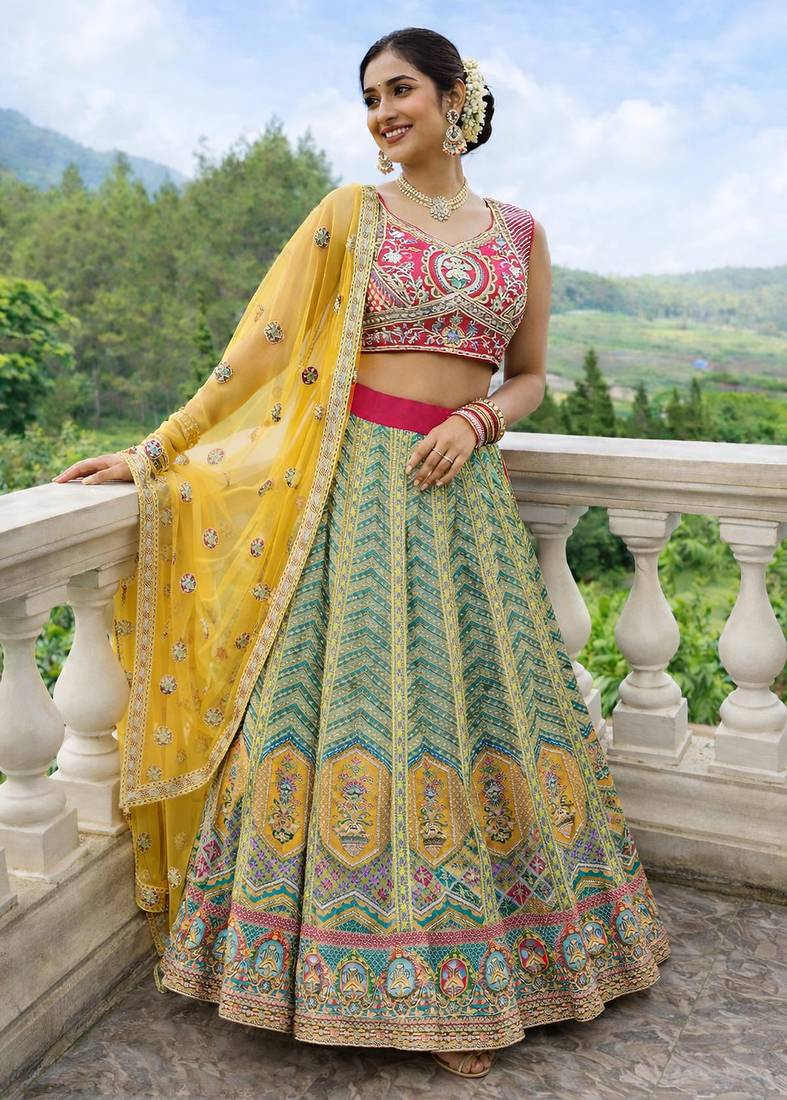 multi color crepe silk lehenga choli dupatta