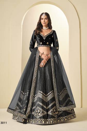 Black Ice Velvelt Semi Stitched Lehenga Choli witn Embroidery Work