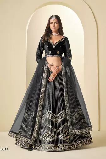 Black Ice Velvelt Semi Stitched Lehenga Choli witn Embroidery Work