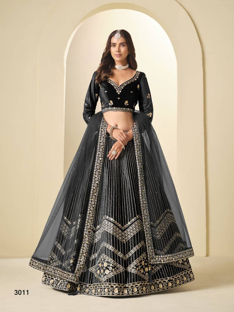 Black Ice Velvelt Semi Stitched Lehenga Choli witn Embroidery Work