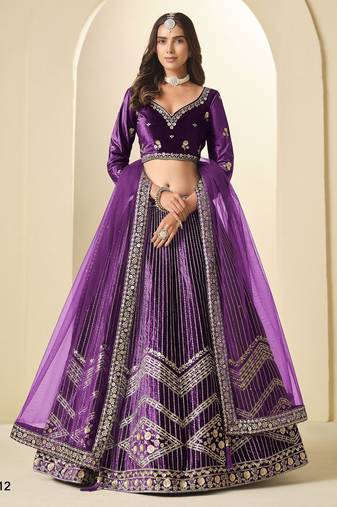 Purple Ice Velvelt Semi Stitched Lehenga Choli witn Embroidery Work