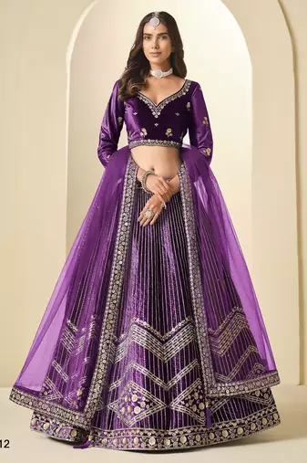 Purple Ice Velvelt Semi Stitched Lehenga Choli witn Embroidery Work