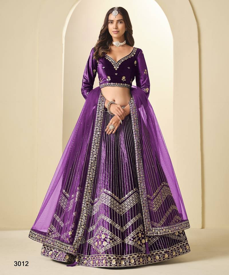 Purple Ice Velvelt Semi Stitched Lehenga Choli witn Embroidery Work