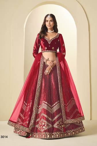 Red Ice Velvelt Semi Stitched Lehenga Choli witn Embroidery Work