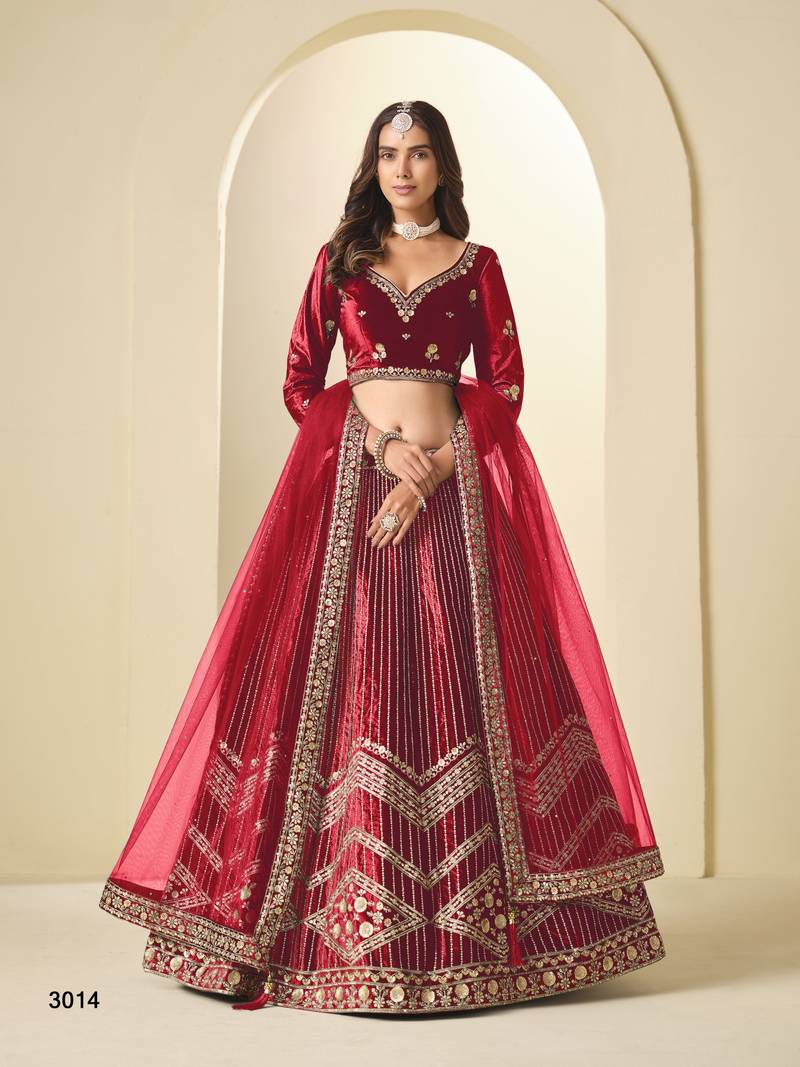 Red Ice Velvelt Semi Stitched Lehenga Choli witn Embroidery Work