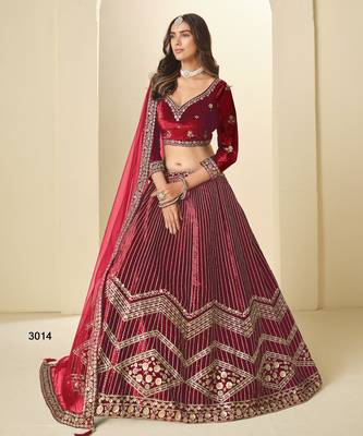 red ice velvelt lehenga set with choli and dupatta 2