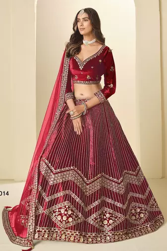red ice velvelt lehenga set with choli and dupatta