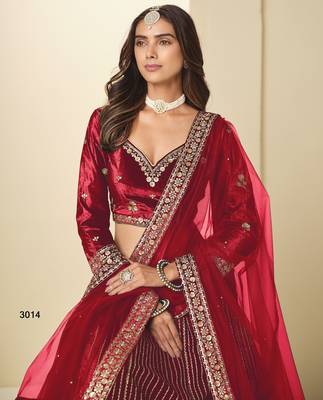 red ice velvelt lehenga set with choli and dupatta 3