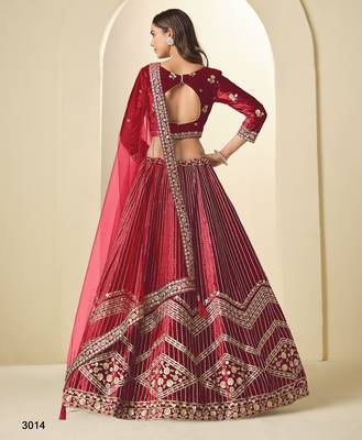 red ice velvelt lehenga set with choli and dupatta 4