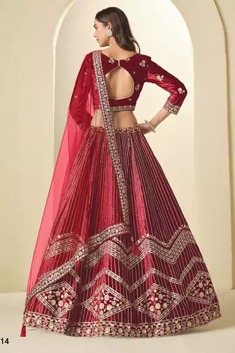 red ice velvelt lehenga set with choli and dupatta