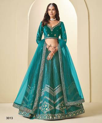 teal green ice velvelt lehenga set with choli and dupatta 1