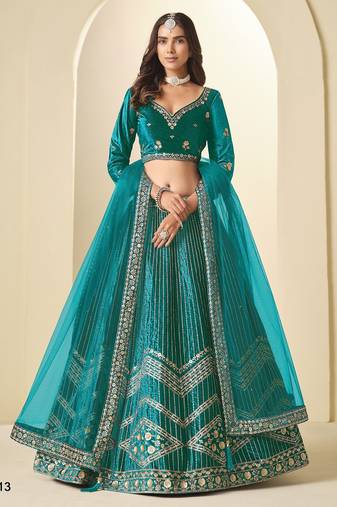 Teal Green Ice Velvelt Semi Stitched Lehenga Choli witn Embroidery Work
